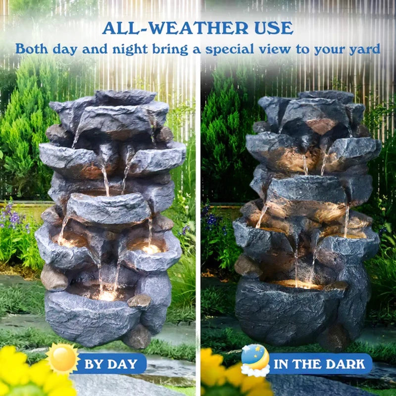 Cascading Serenity Fountain | 6-Tier Outdoor Water Fountain with LED Lights