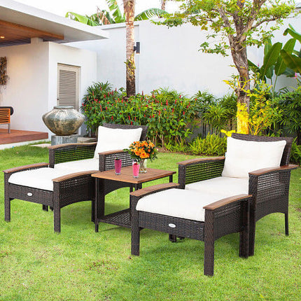 Deluxe Home: 5 Pieces Patio Rattan Furniture Set with Acacia Wood Table