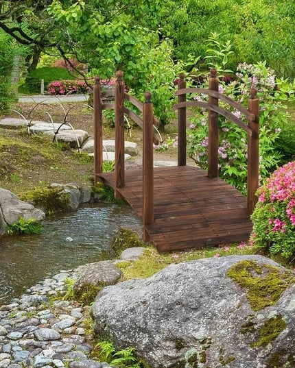 7.5 Ft Wooden Garden Bridge with Hand Rails in Carbonized Wood Finish