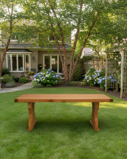 Wooden table in a garden setting