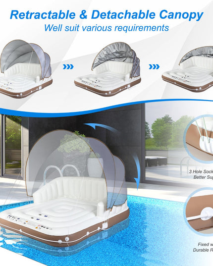 NNECW Inflatable Pool Floating Lounge Chair with 2 Cup Holders Retractable Canopy