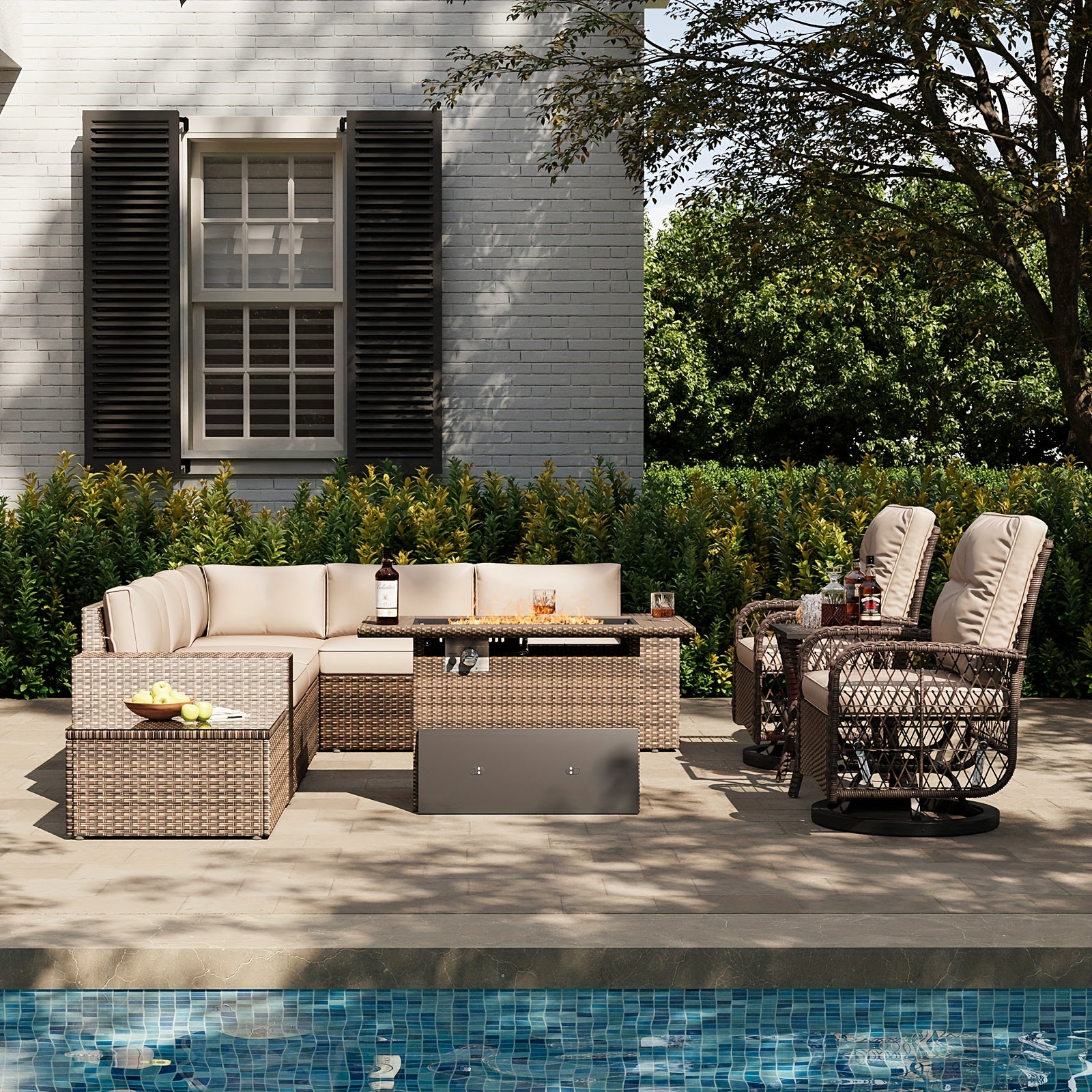 10 piece 10-Piece Patio Conversation Set with Rocking Chair, Wicker Rattan Firepit Table and Chairs