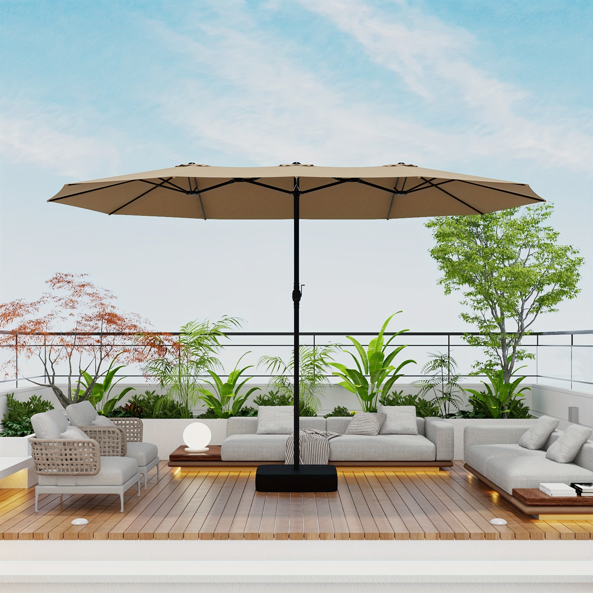 PHI VILLA 15ft Extra Large Rectangular Outdoor Umbrella with Base - Double-Sided Canopy, Heavy-Duty UV, Sturdy Iron Frame & Fabric - Blue Modern Patio Umbrella for Pool, Garden, Backyard, Balcony - Easy-Clean & Windproof Desi