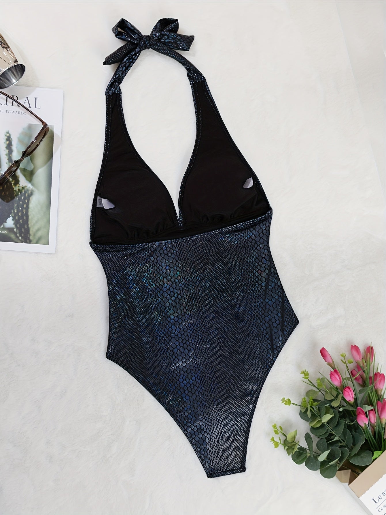 Women's Elegant Black One-Piece Swimsuit - High Elasticity Snug Fit, Backless Design with Snake Print & Shimmering Details, Machine Washable for Beach, Pool, Vacation, Poolside Fashion, Stylish Swimwear, Quality Construction,