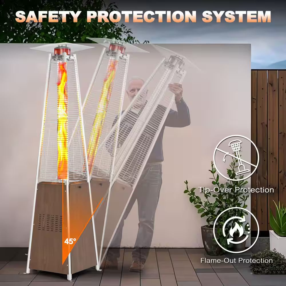 48,000 BTU Stainless Steel Wood-Grain Finish Pyramid Propane Gas Patio Heater with Wheels