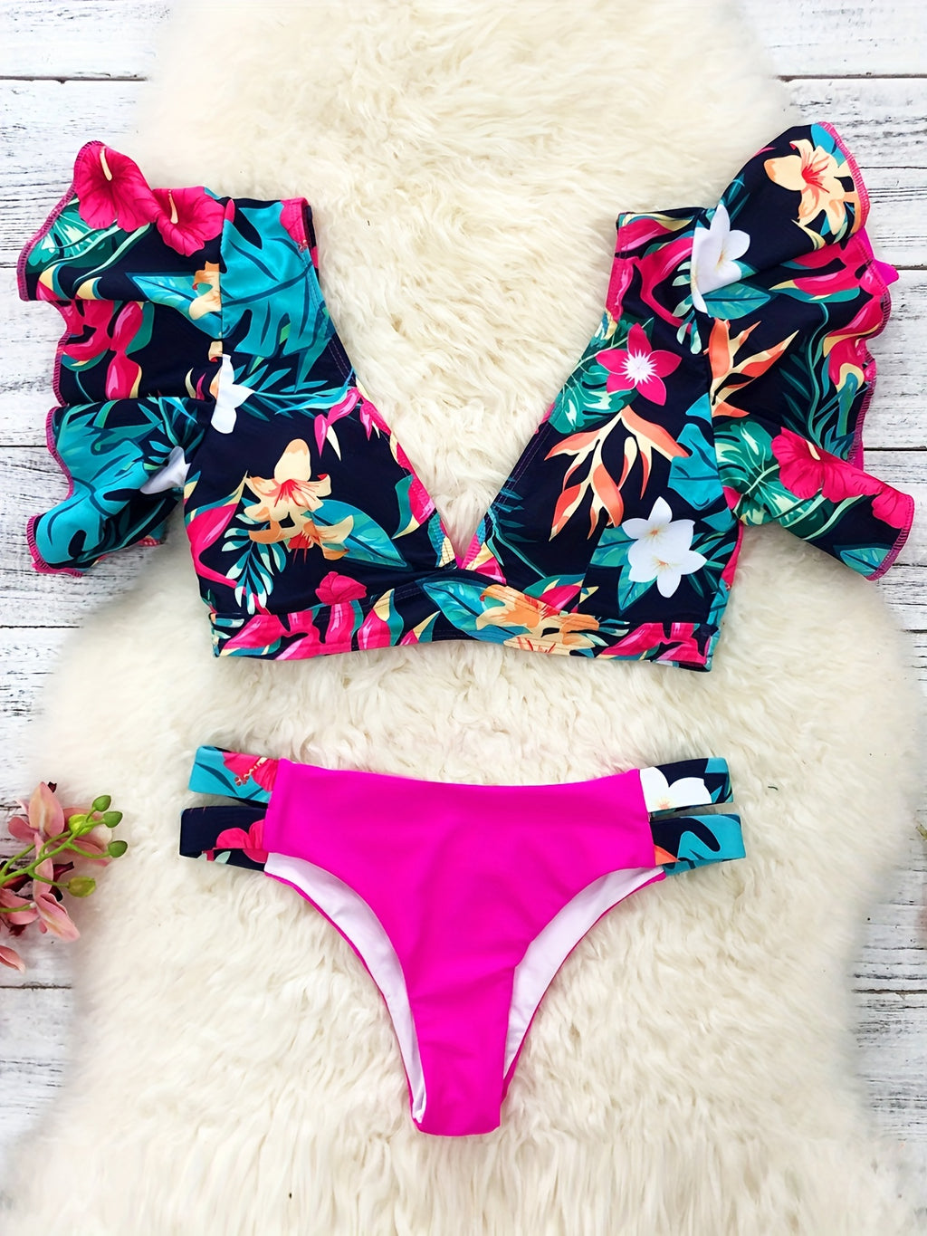 Plant Print Ruffle V Neck Bikini, Tie Back High Strech 2pcs Swimsuit for Pool Bathing, Women's Swimwear & Clothing Koningsdag/King's Day