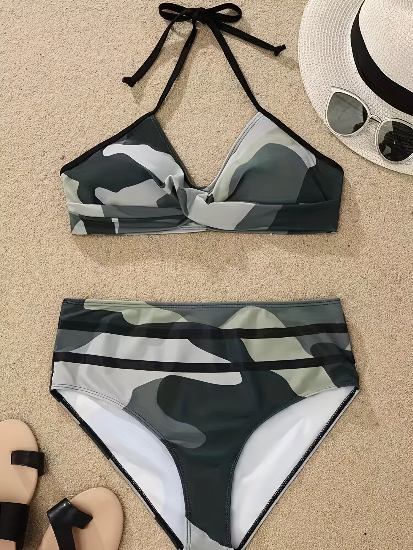 Vibrant Camo Print Two-Piece Bikini Set - Halter V Neck, Backless, High Cut, Ruched Detailing, Comfortable Swimwear for Women - Perfect for Summer Beach, Pool, or Vacation