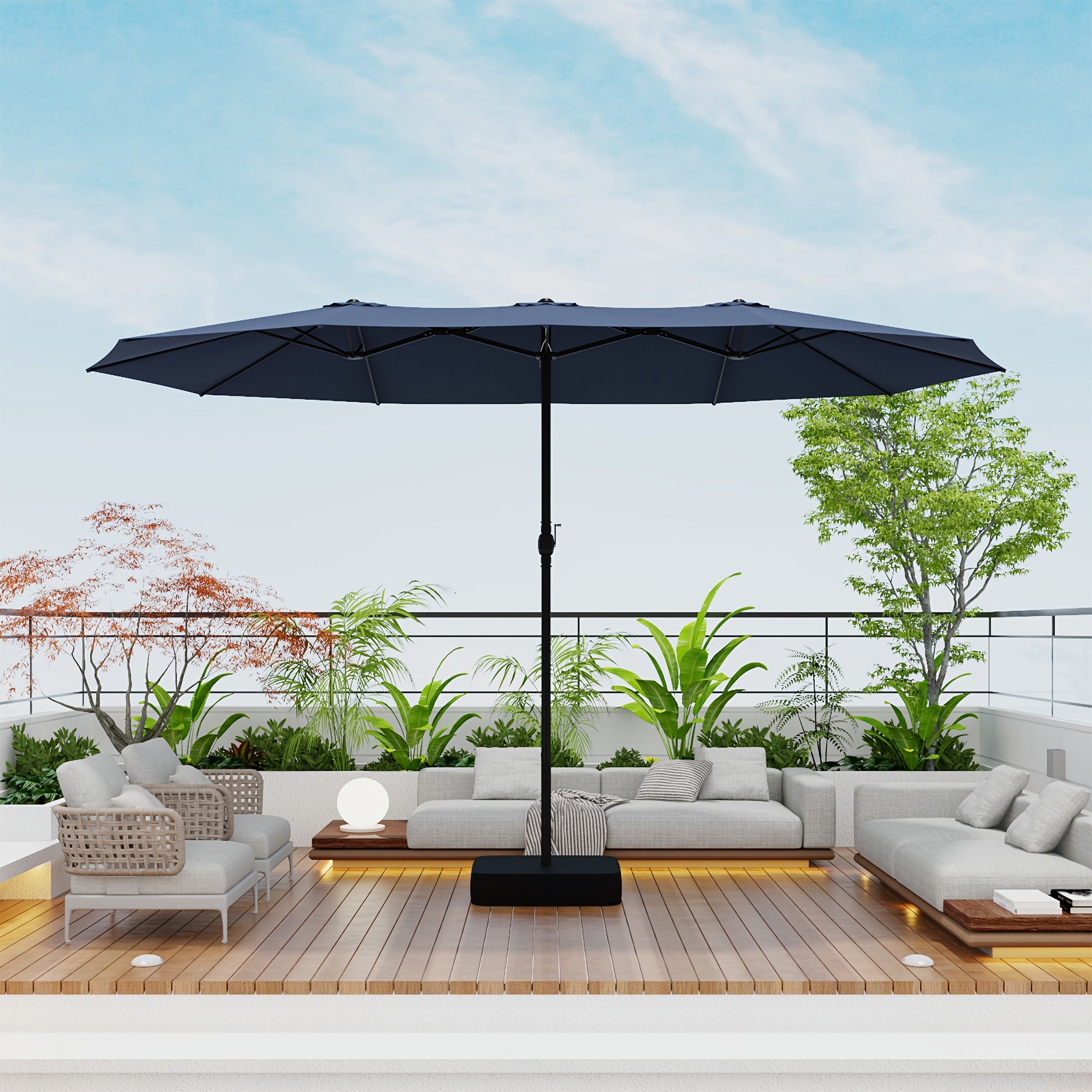 PHI VILLA 15ft Extra Large Rectangular Outdoor Umbrella with Base - Double-Sided Canopy, Heavy-Duty UV, Sturdy Iron Frame & Fabric - Blue Modern Patio Umbrella for Pool, Garden, Backyard, Balcony - Easy-Clean & Windproof Desi