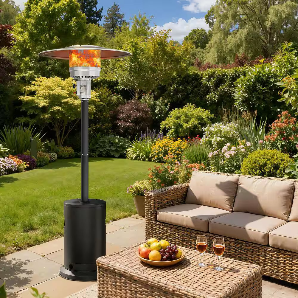 Upgraded 50,000 BTU Stainless Steel Matte Black Propane Gas Standing Patio Heater with 2-Wheels and Flame-Out Protection
