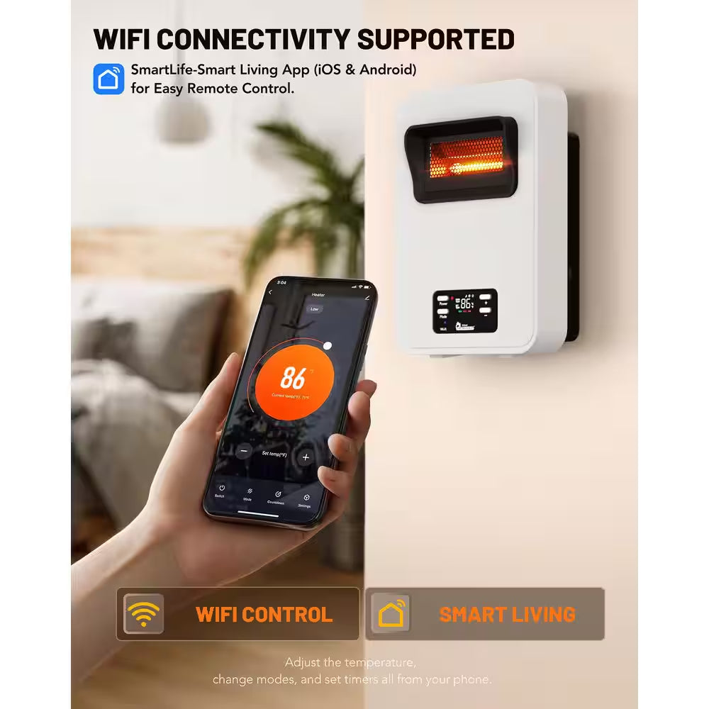 1500-Watt White Wall Hung or Wall Mount Electric Compact Space Heater Dual System W/ Infrared and Fan Forced, Wifi, RC
