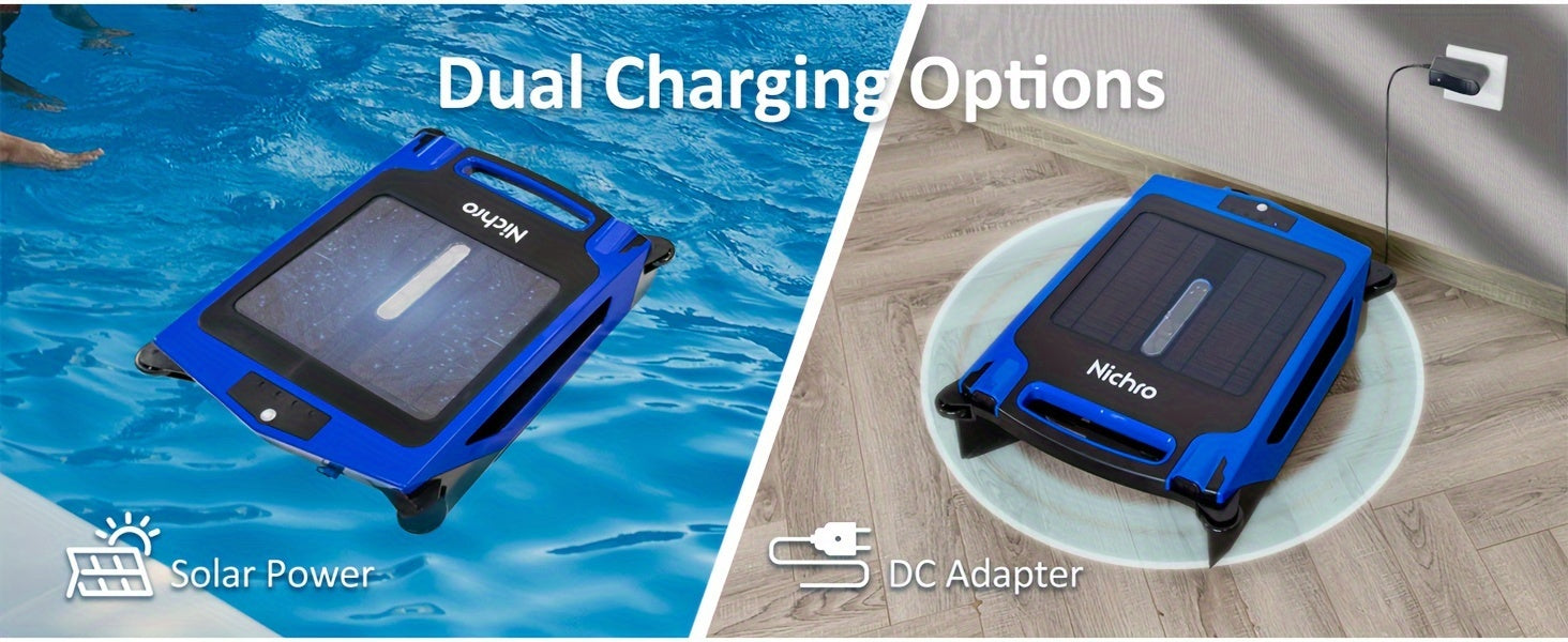 [Fast Arrival] Nichro Advanced Robotic Pool Skimmer - Robotic Pool Cleaners with Solar & Rechargeable Power, 2 Efficient Cleaning Modes, Automatic Obstacle Avoidance, Twin Salt Chlorine Tolerant Motors for Sparkling Clean Poo