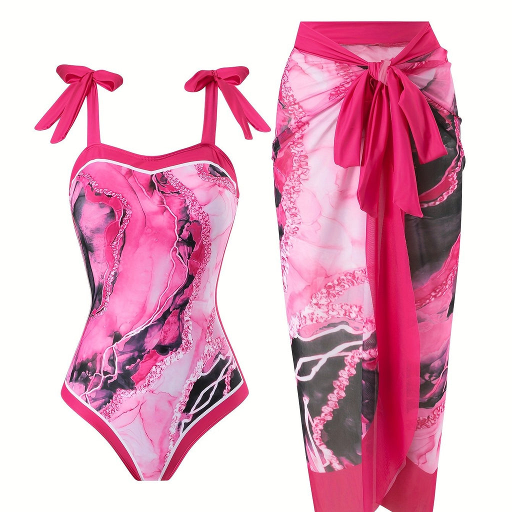 Women'S Off-Shoulder Marble Swimsuit with Sheer Strapless Swimwear - Brown and Golden Accents, High-Stretch Fabric, Perfect for Beach and Pool, Pool Swimsuit|Sleek Two-Piece Set|Subtle Embellishment