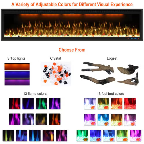 42 In. Smart Electric Fireplace Insert ，Recessed & Wall Mount Fireplace Heater, 1-9H Timer, 507 Color Combinations
