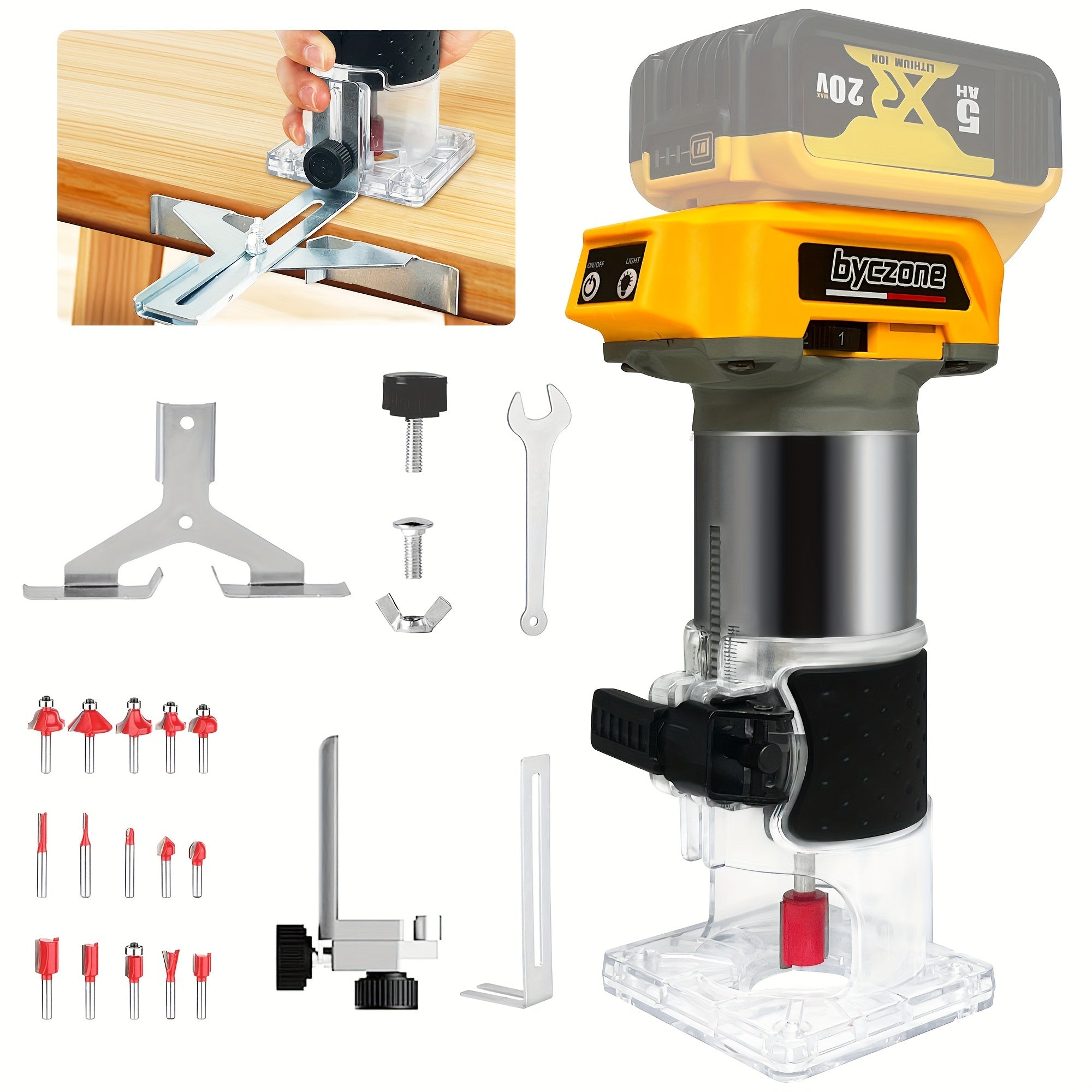 12 PCS 1/4" Router Bits 800W Cordless Wood Router - Routers with 30000RPM Brushless Motor, 6 Speeds, Edge Guide, Roller Guide, Compatible with Dewalt 20V Battery (Machine Only)
