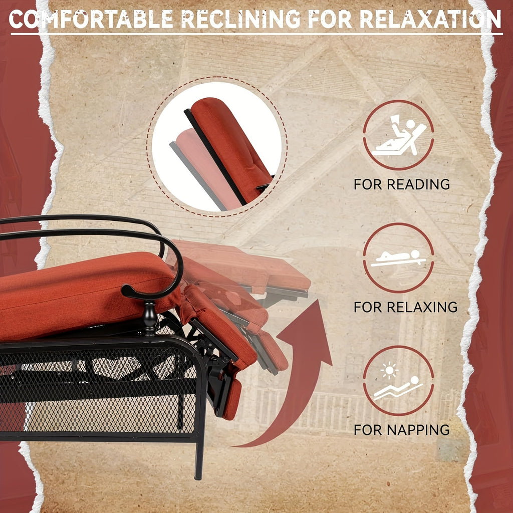 Relaxation Master Recliner - Adjustable Backrest Lounge Chair for Outdoor Leisure - Black Metal Frame, Removable Cushions, Durable, Comfortable, Perfect for Porch, Backyard, Pool or Garden, Red