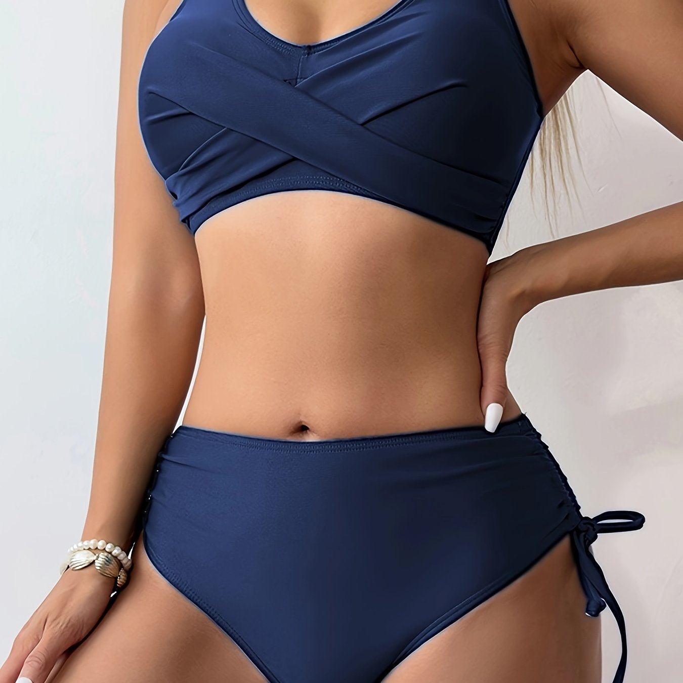 Drawstring Lace Up Plain 2 Piece Set Bikini, Tie Back Twist Stretchy V Neck Swimsuit For Beach Pool Bathing, Women's Swimwear & Clothing