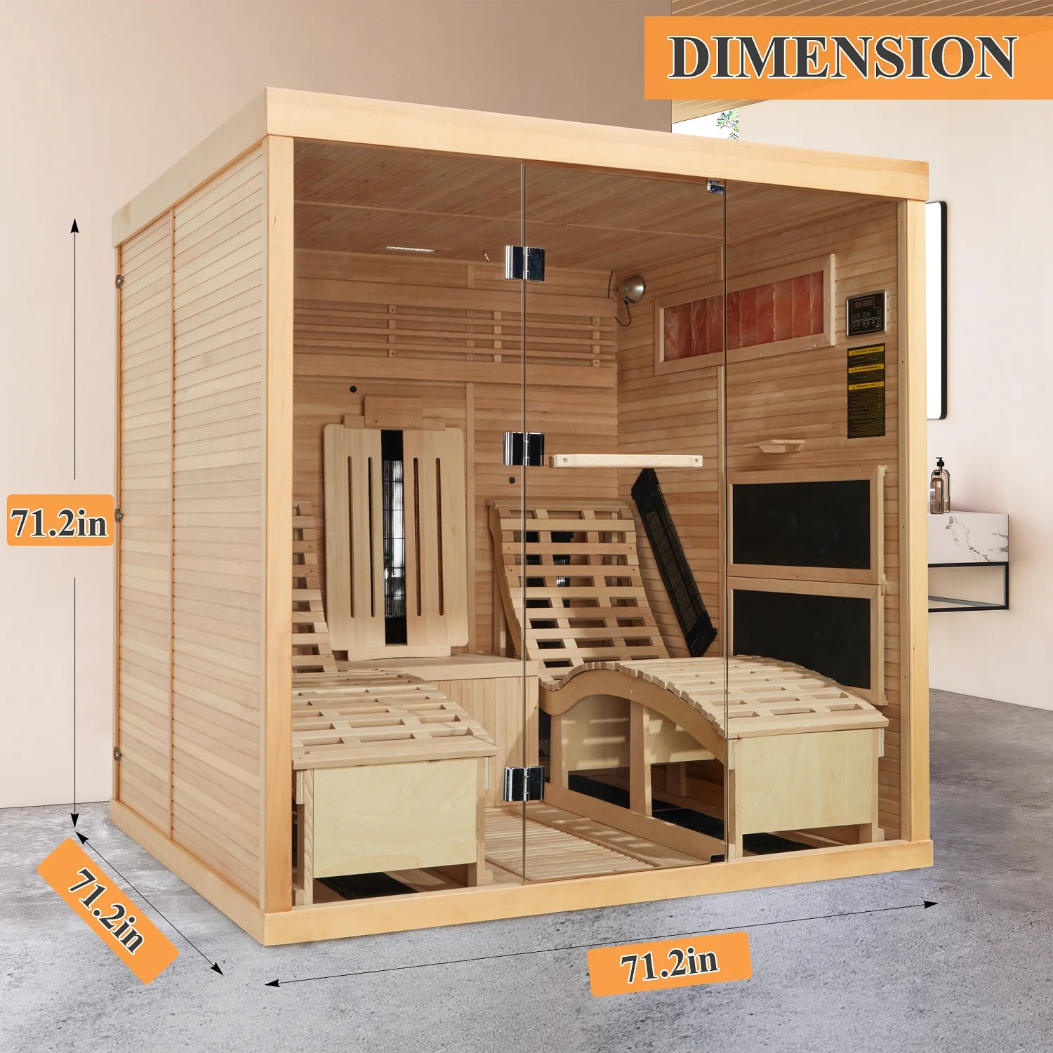 2 Person Infrared Sauna,Luxurious Indoor Sauna with Recliner, Wooden Sauna with 7-Color Starry Ceiling,9 Heating Tubes,5 Carbon Panels,2-In-1 Door Handle,Himalayan Salt Brick,Oxygen Bar