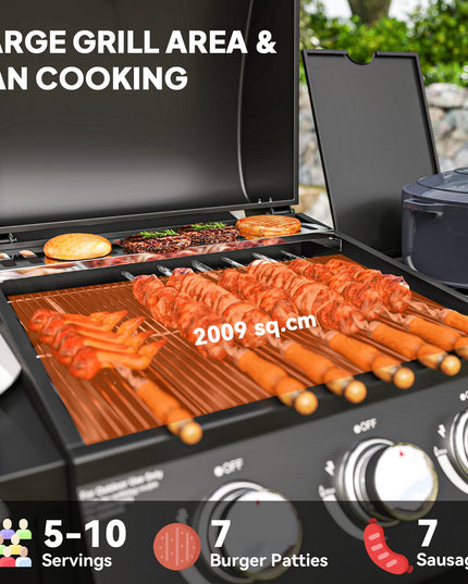 3 Burner Gas BBQ Grill with Storage Cabinet and Side Burner - Black