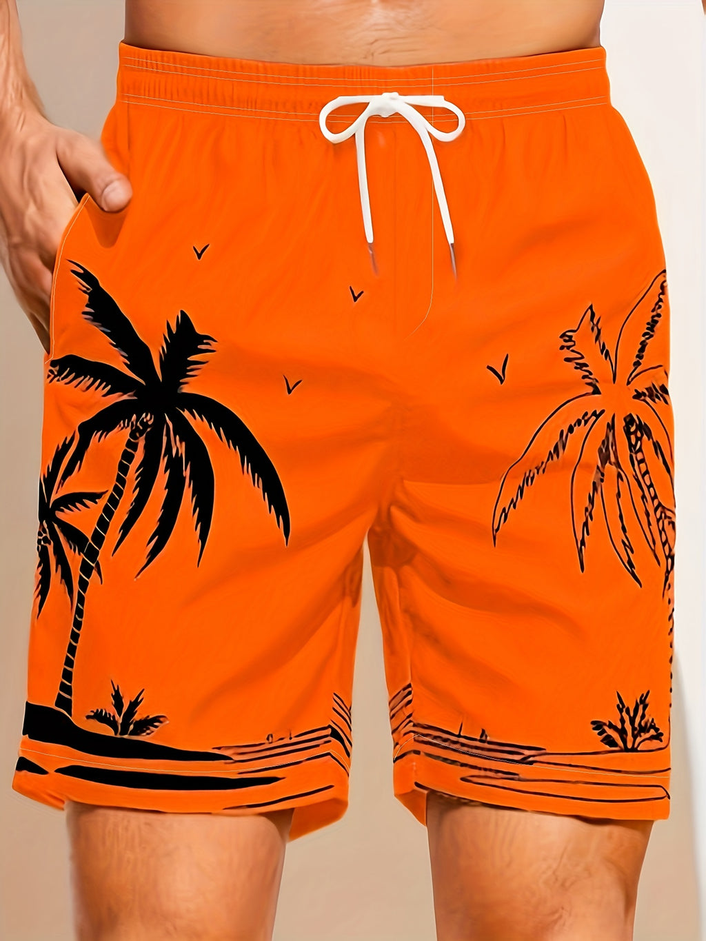 Quick Drying Mesh Lining Comfortable Breathable Palm Tree Pattern Drawstring Swim Trunks With 2 Pockets, Men's Pants Swimwear For Summer Vacation Resort Beach Pool
