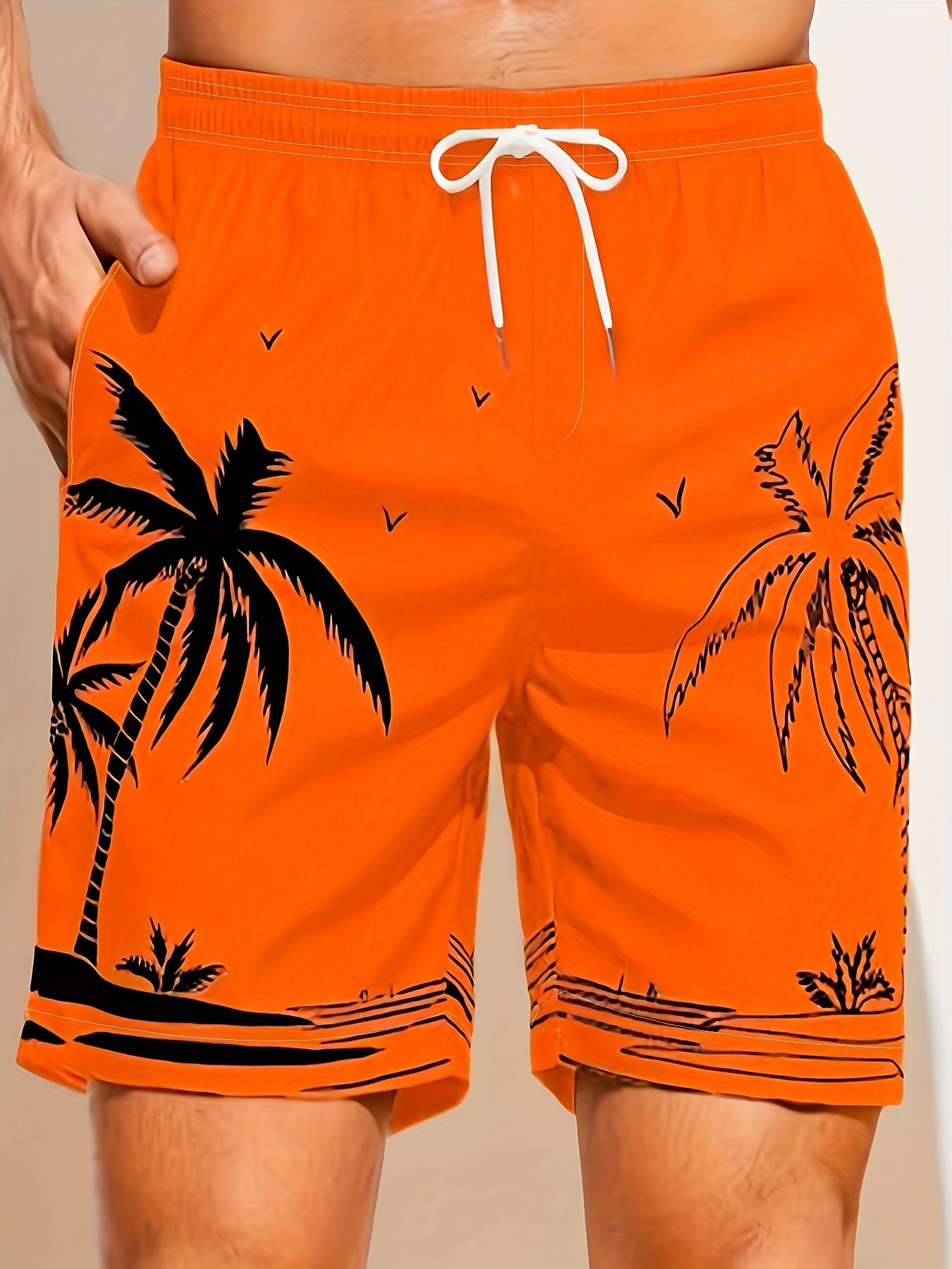 Quick Drying Mesh Lining Comfortable Breathable Palm Tree Pattern Drawstring Swim Trunks With 2 Pockets, Men's Pants Swimwear For Summer Vacation Resort Beach Pool