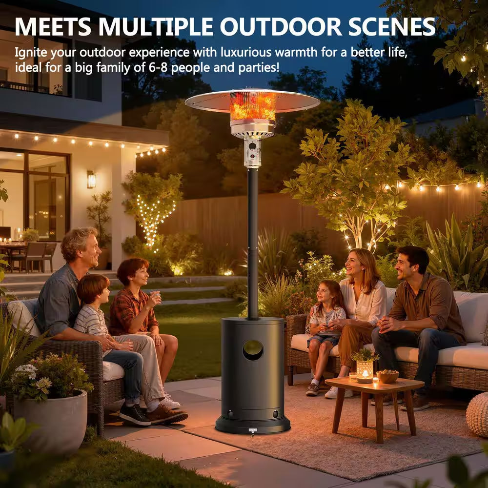 Upgraded 50,000 BTU Stainless Steel Matte Black Propane Gas Standing Patio Heater with 2-Wheels and Flame-Out Protection