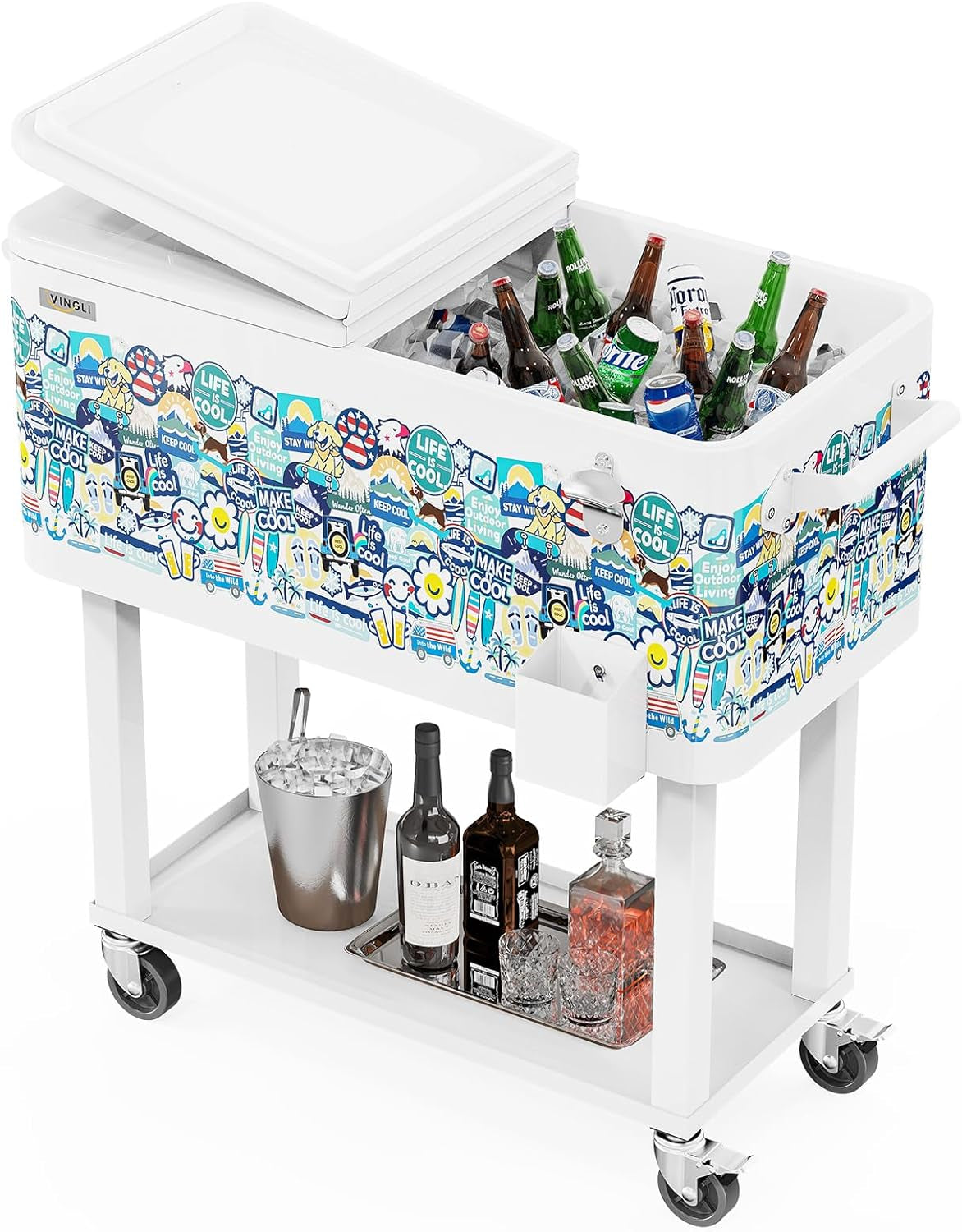 Beat the Heat with Our 80 Quart Rolling Ice Chest! Ideal for Patio Parties, Poolside Gatherings, and Outdoor Fun - Complete with Convenient Shelf & Built-in Bottle Opener!
