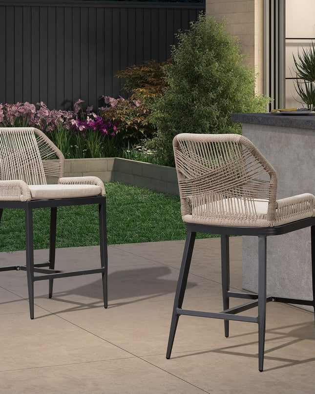 Counter Height Bar Stools Set of 4 Rattan Wicker Outdoor Metal Boho Barstools with Back and Footrest Patio Garden Balcony Pool Bar Chairs