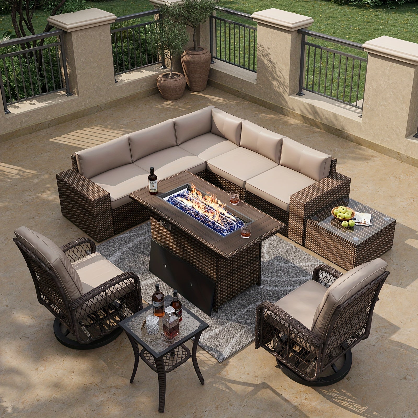10 piece 10-Piece Patio Conversation Set with Rocking Chair, Wicker Rattan Firepit Table and Chairs