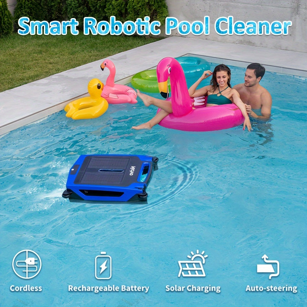 [Fast Arrival] Nichro Advanced Robotic Pool Skimmer - Robotic Pool Cleaners with Solar & Rechargeable Power, 2 Efficient Cleaning Modes, Automatic Obstacle Avoidance, Twin Salt Chlorine Tolerant Motors for Sparkling Clean Poo