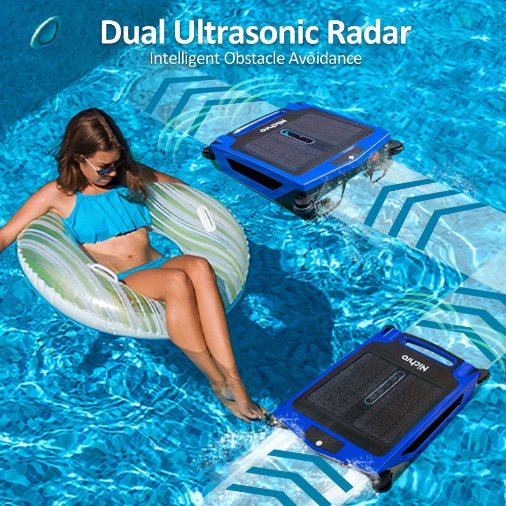 [Fast Arrival] Nichro Advanced Robotic Pool Skimmer - Robotic Pool Cleaners with Solar & Rechargeable Power, 2 Efficient Cleaning Modes, Automatic Obstacle Avoidance, Twin Salt Chlorine Tolerant Motors for Sparkling Clean Poo