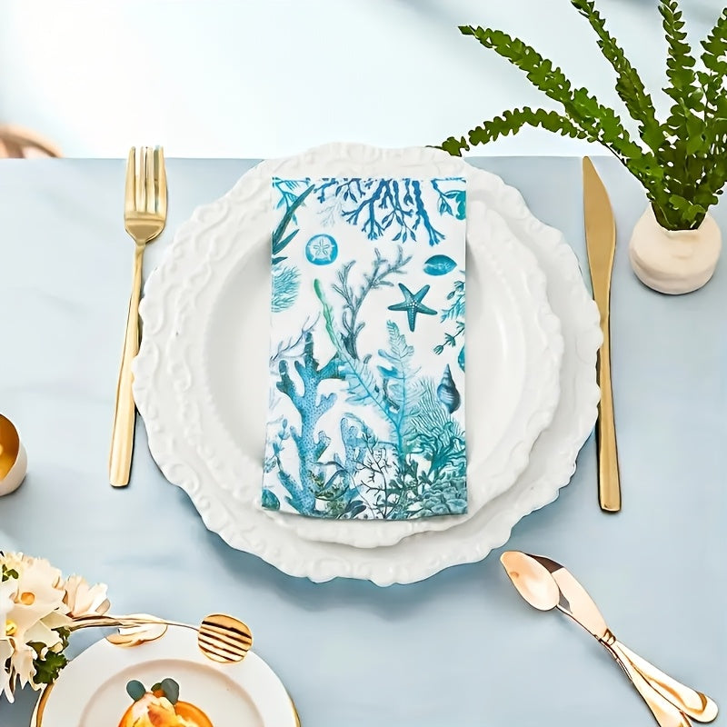 20pcs Blue Starfish & Coral Guest Napkins - Tropical Ocean Beach Theme Paper Towels for Weddings, Birthdays, Pool Parties & More