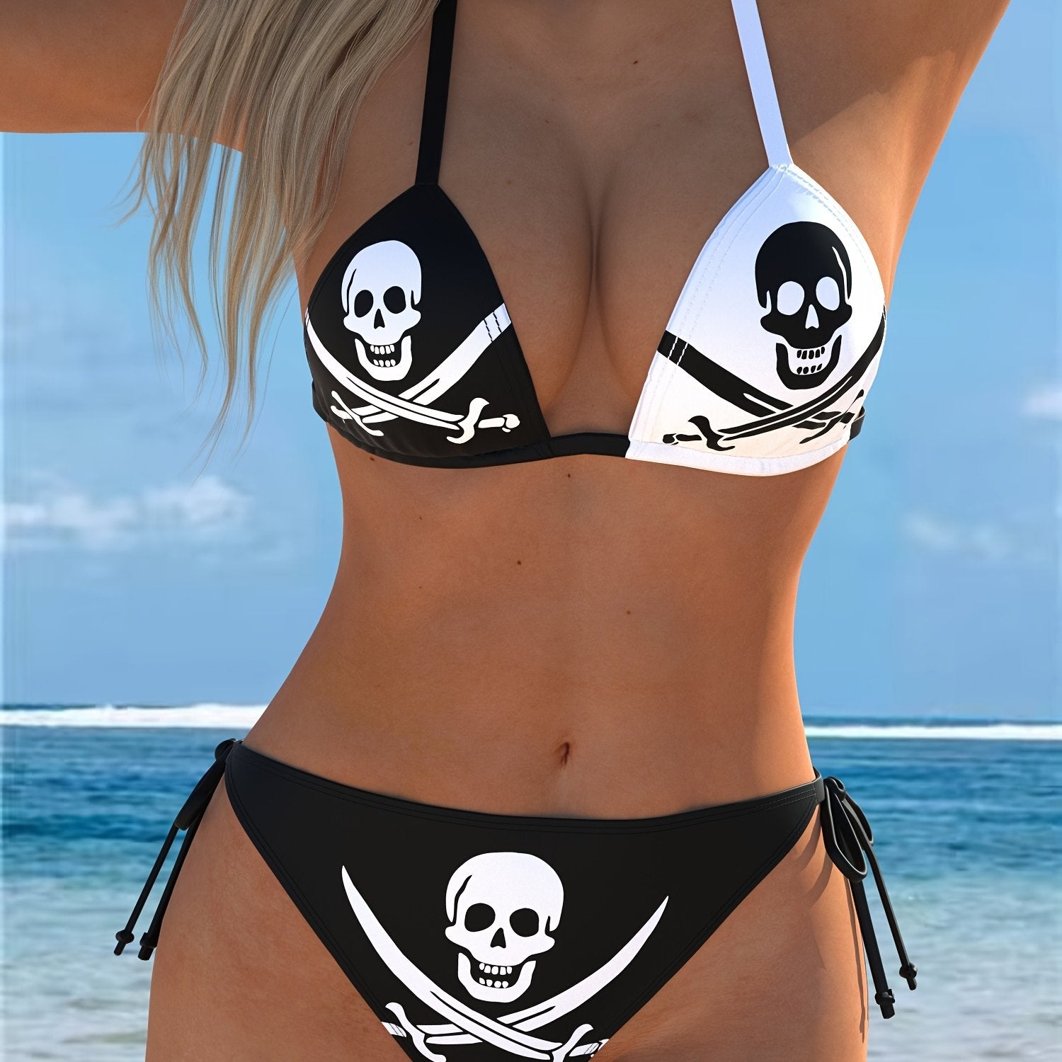 [Sexy Bikini] Sexy V-Neck Women's Bikini Set | Pirate Print Pattern, High Elasticity Fabric, Suitable for Beach and Pool