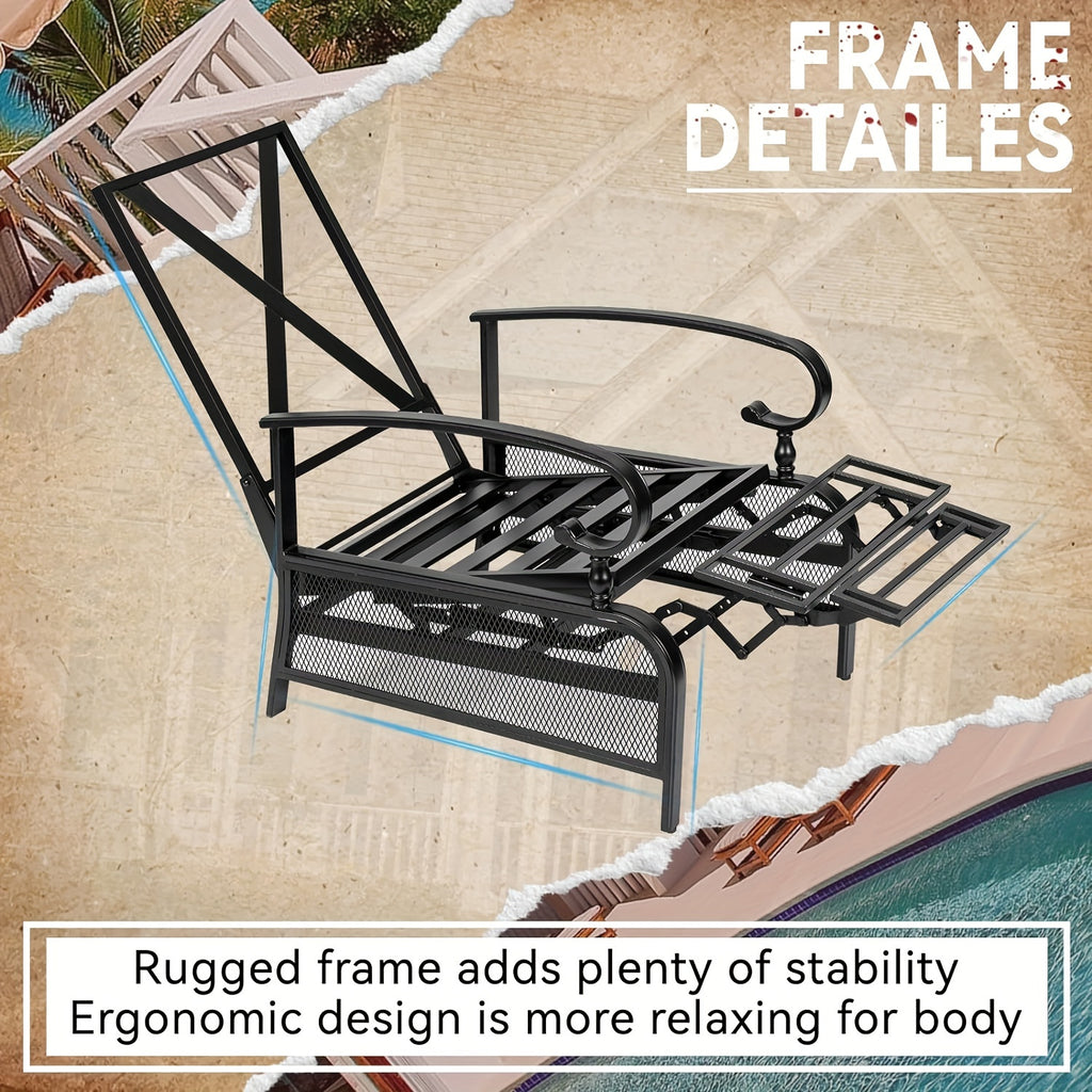 Relaxation Master Recliner - Adjustable Backrest Lounge Chair for Outdoor Leisure - Black Metal Frame, Removable Cushions, Durable, Comfortable, Perfect for Porch, Backyard, Pool or Garden, Red