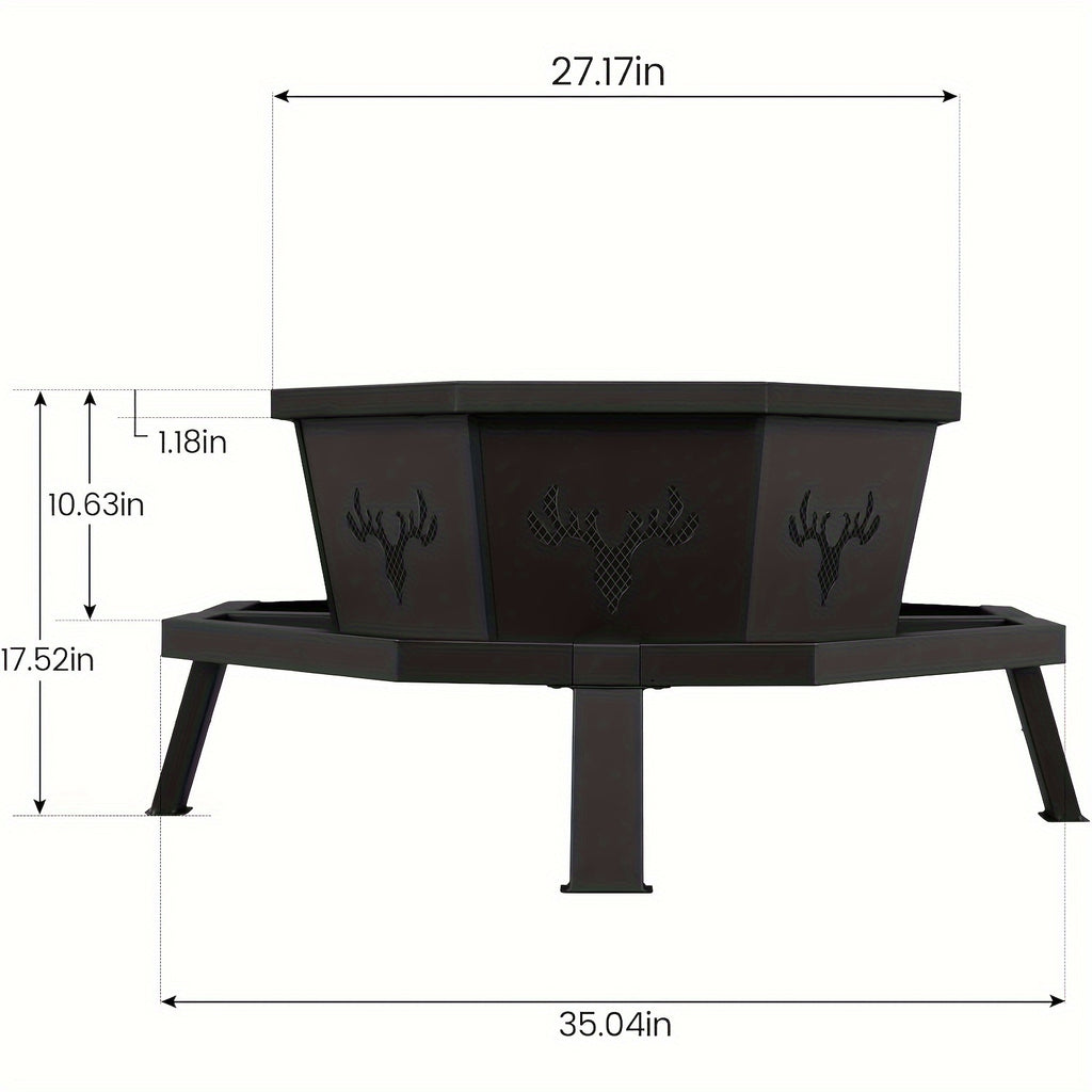 35" Octagonal Wood-Burning Fire Pit - Premium Durable Outdoor Backyard Patio Heater With Poker, Sleek Black Finish, Safe For Camping