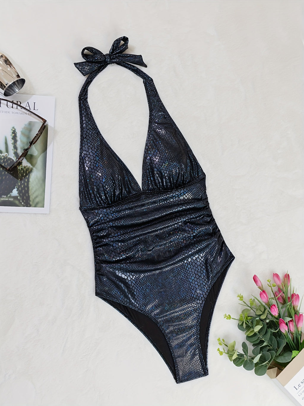 Women's Elegant Black One-Piece Swimsuit - High Elasticity Snug Fit, Backless Design with Snake Print & Shimmering Details, Machine Washable for Beach, Pool, Vacation, Poolside Fashion, Stylish Swimwear, Quality Construction,