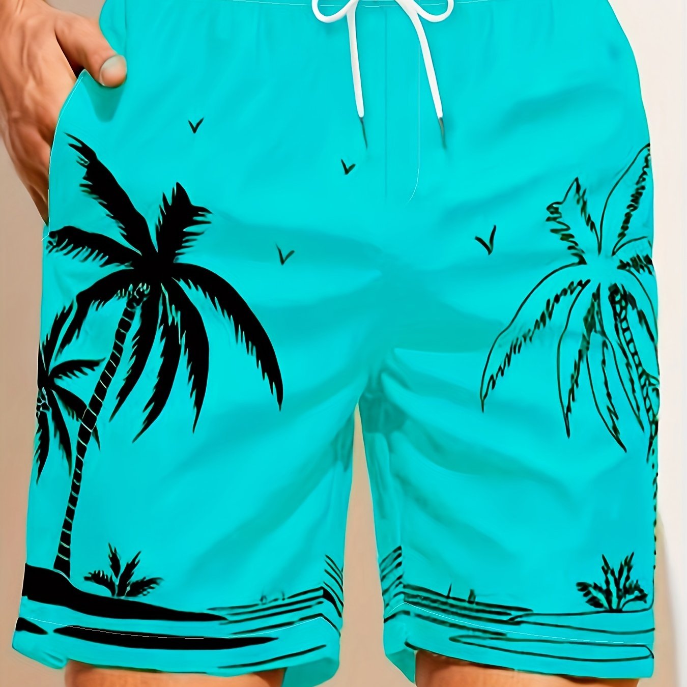 Quick Drying Mesh Lining Comfortable Breathable Palm Tree Pattern Drawstring Swim Trunks With 2 Pockets, Men's Pants Swimwear For Summer Vacation Resort Beach Pool
