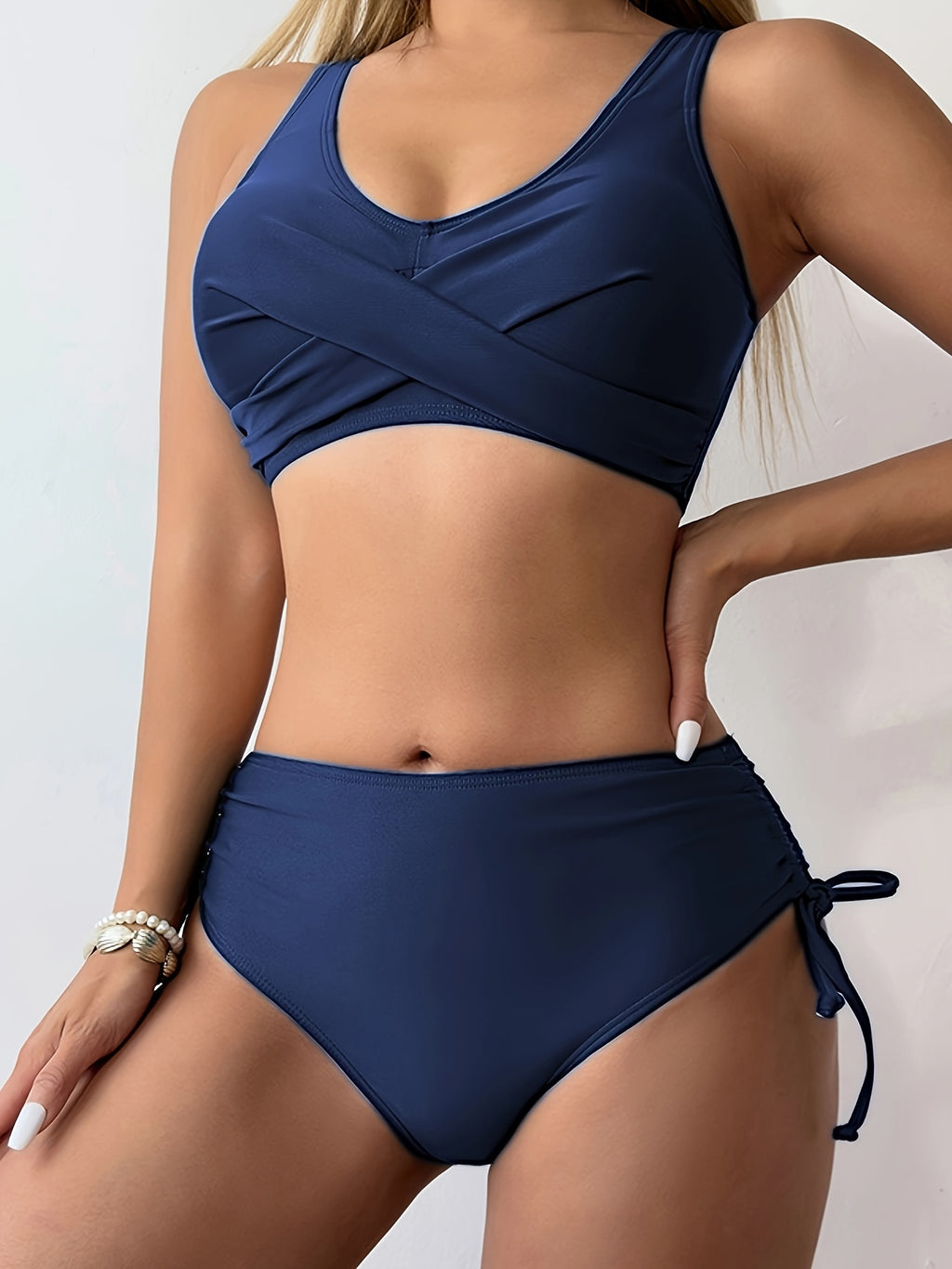 Drawstring Lace Up Plain 2 Piece Set Bikini, Tie Back Twist Stretchy V Neck Swimsuit For Beach Pool Bathing, Women's Swimwear & Clothing