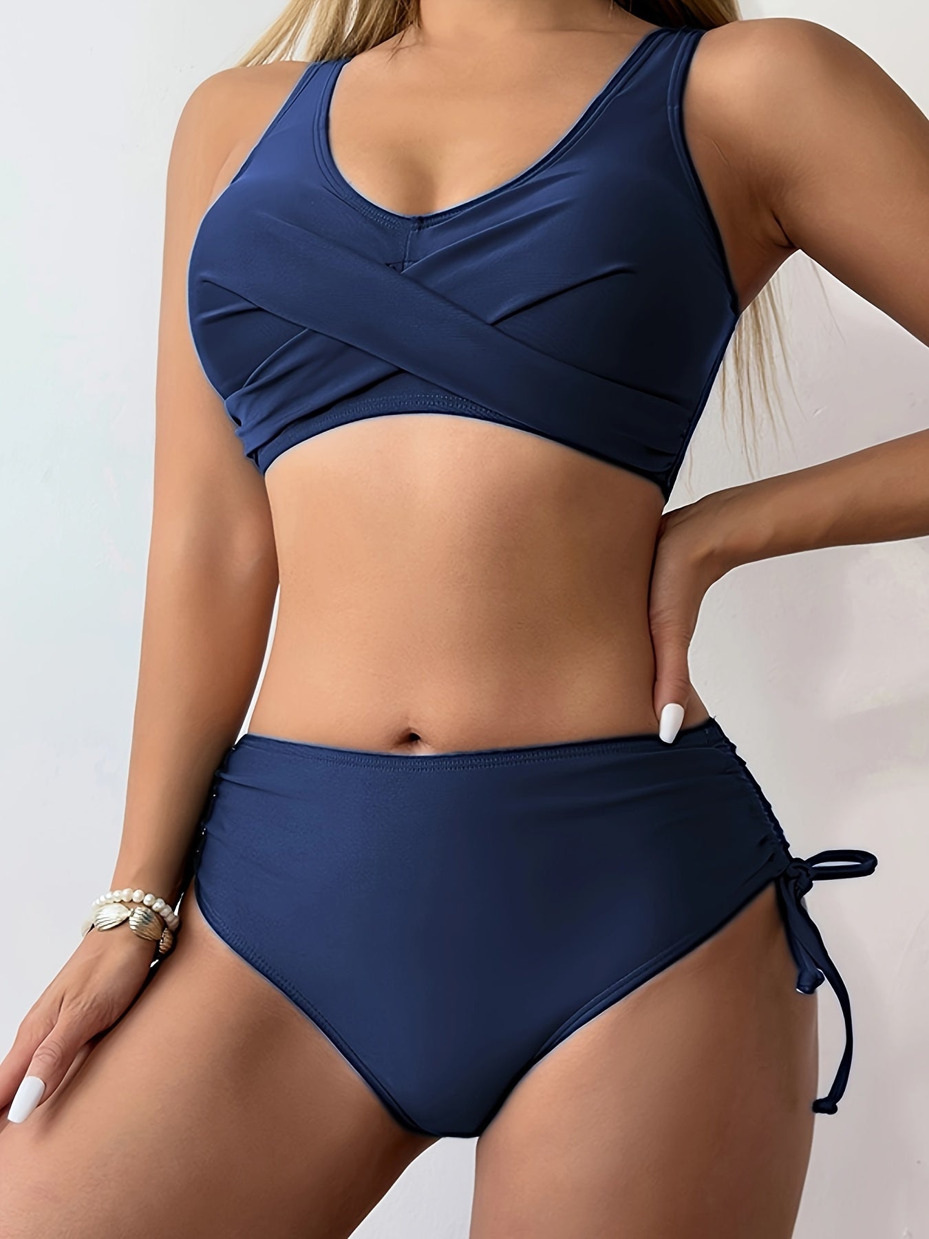 Drawstring Lace Up Plain 2 Piece Set Bikini, Tie Back Twist Stretchy V Neck Swimsuit For Beach Pool Bathing, Women's Swimwear & Clothing