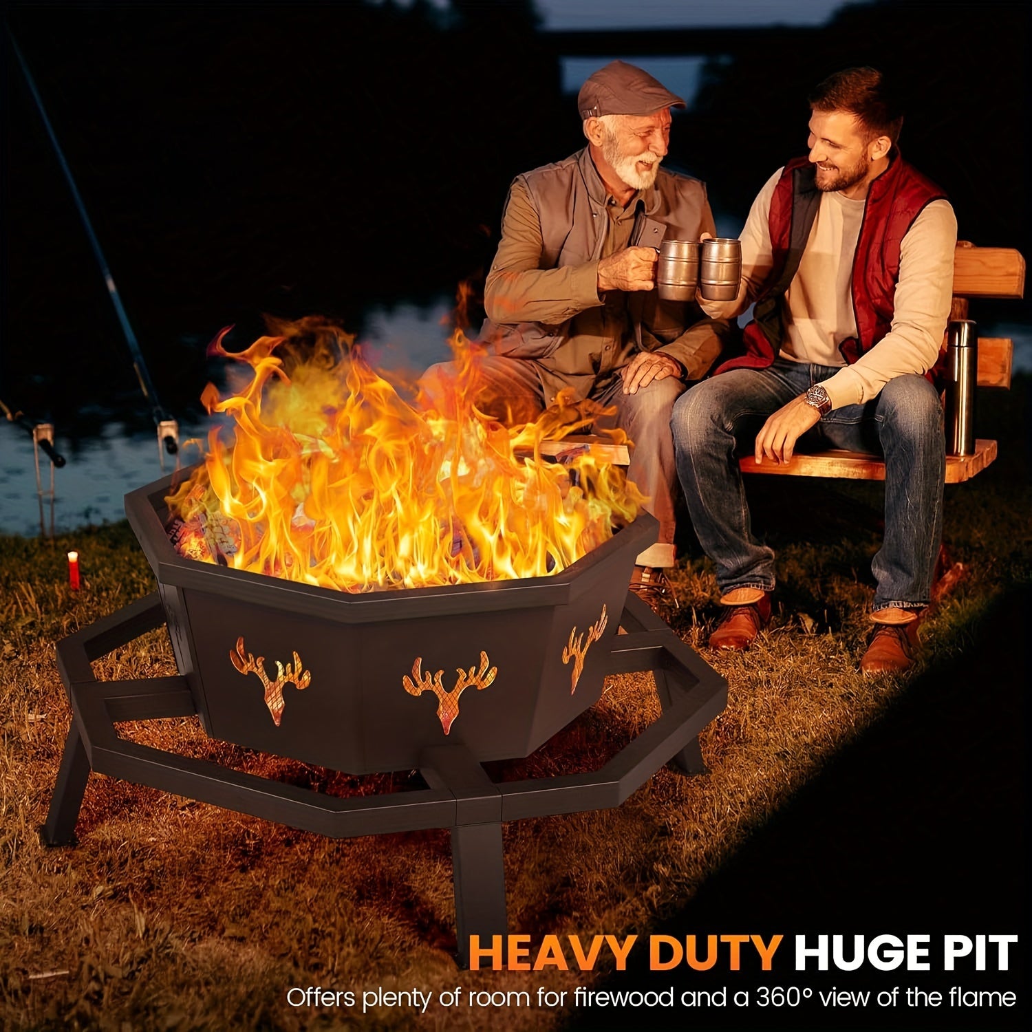35" Octagonal Wood-Burning Fire Pit - Premium Durable Outdoor Backyard Patio Heater With Poker, Sleek Black Finish, Safe For Camping