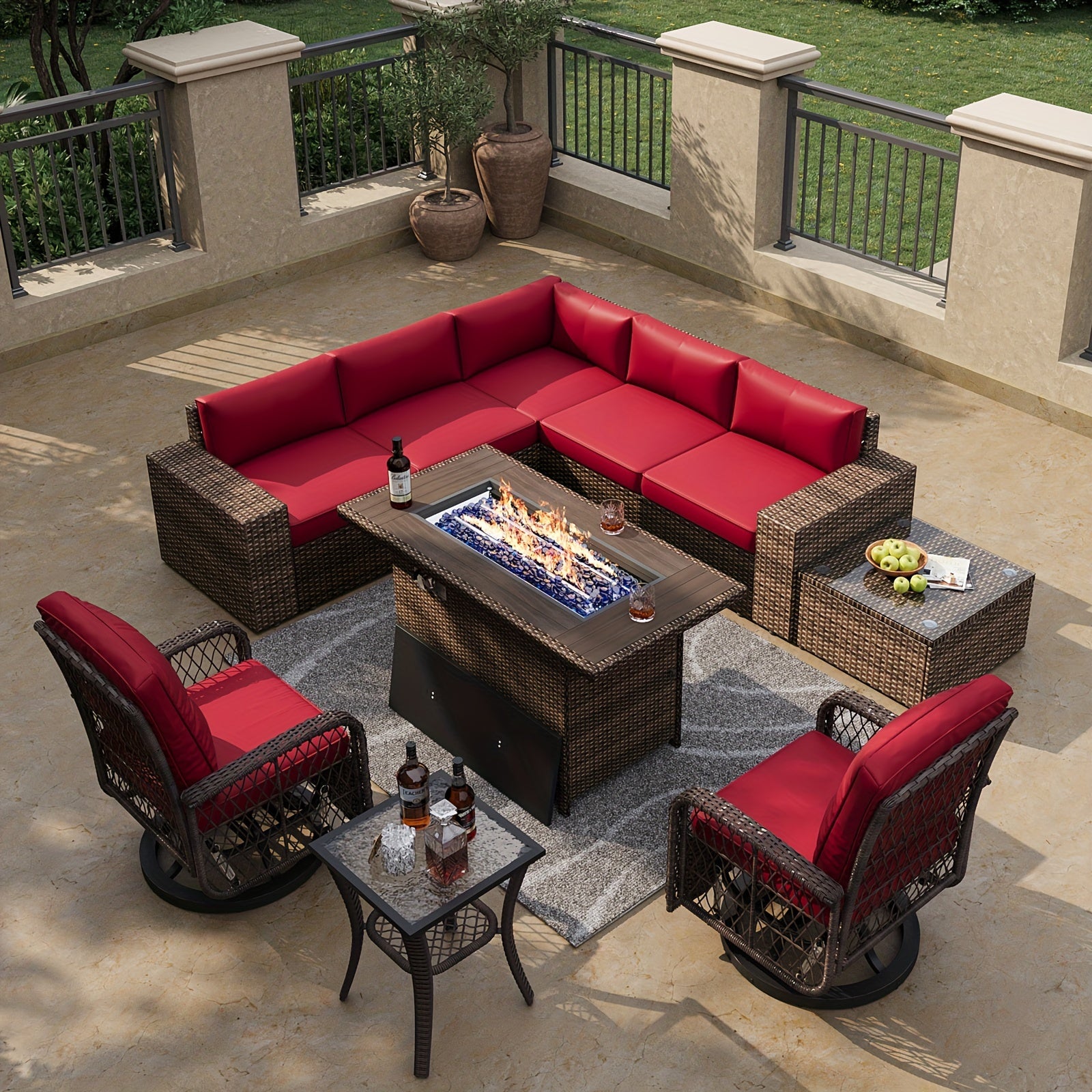 10 piece 10-Piece Patio Conversation Set with Rocking Chair, Wicker Rattan Firepit Table and Chairs