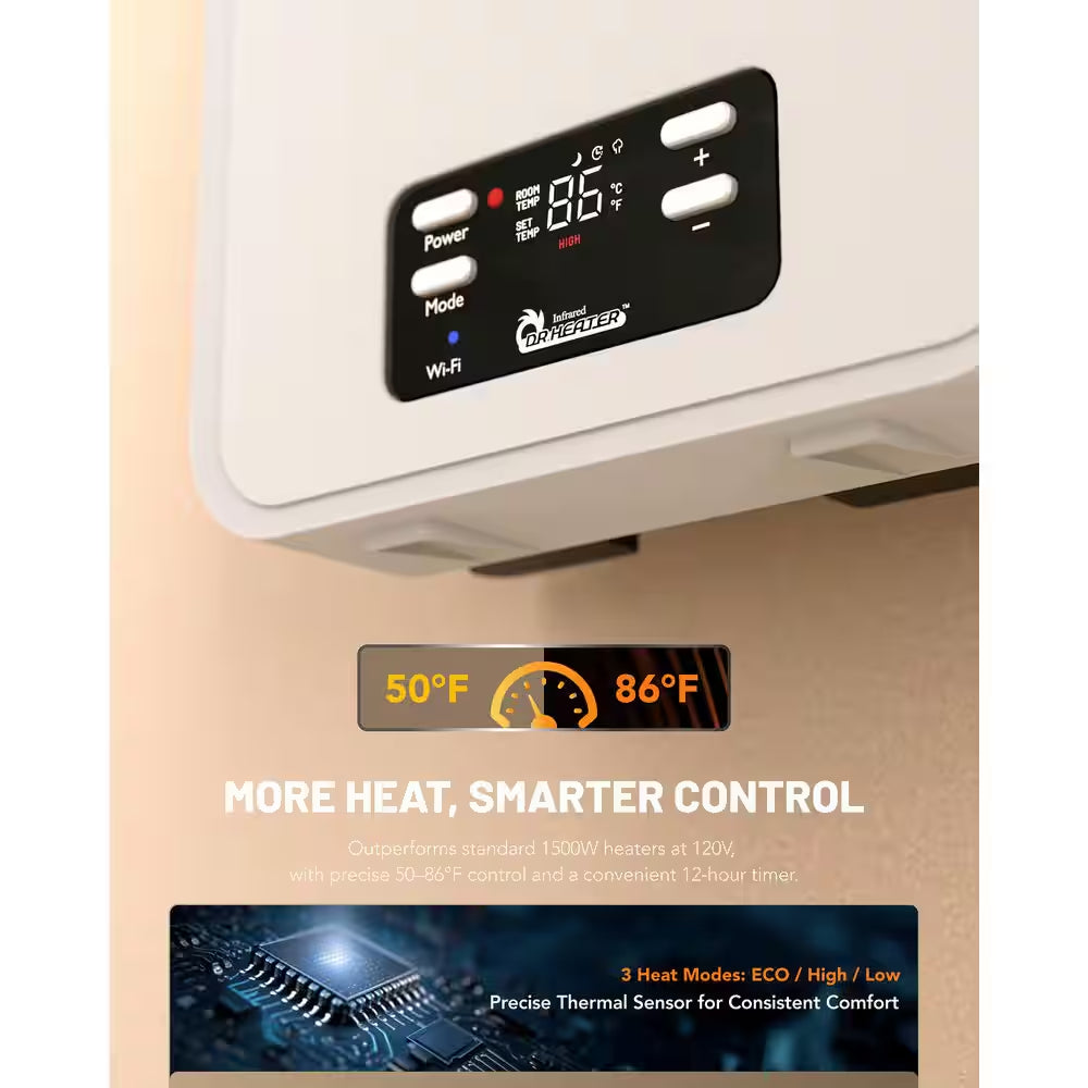 1500-Watt White Wall Hung or Wall Mount Electric Compact Space Heater Dual System W/ Infrared and Fan Forced, Wifi, RC
