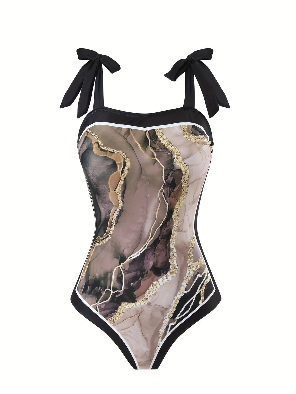 Women'S Off-Shoulder Marble Swimsuit with Sheer Strapless Swimwear - Brown and Golden Accents, High-Stretch Fabric, Perfect for Beach and Pool, Pool Swimsuit|Sleek Two-Piece Set|Subtle Embellishment
