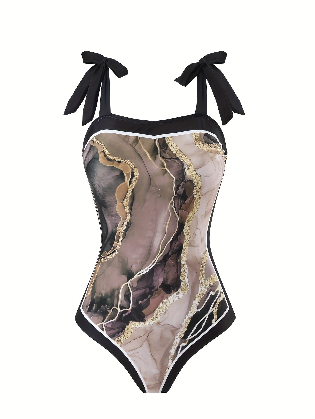 Women'S Off-Shoulder Marble Swimsuit with Sheer Strapless Swimwear - Brown and Golden Accents, High-Stretch Fabric, Perfect for Beach and Pool, Pool Swimsuit|Sleek Two-Piece Set|Subtle Embellishment