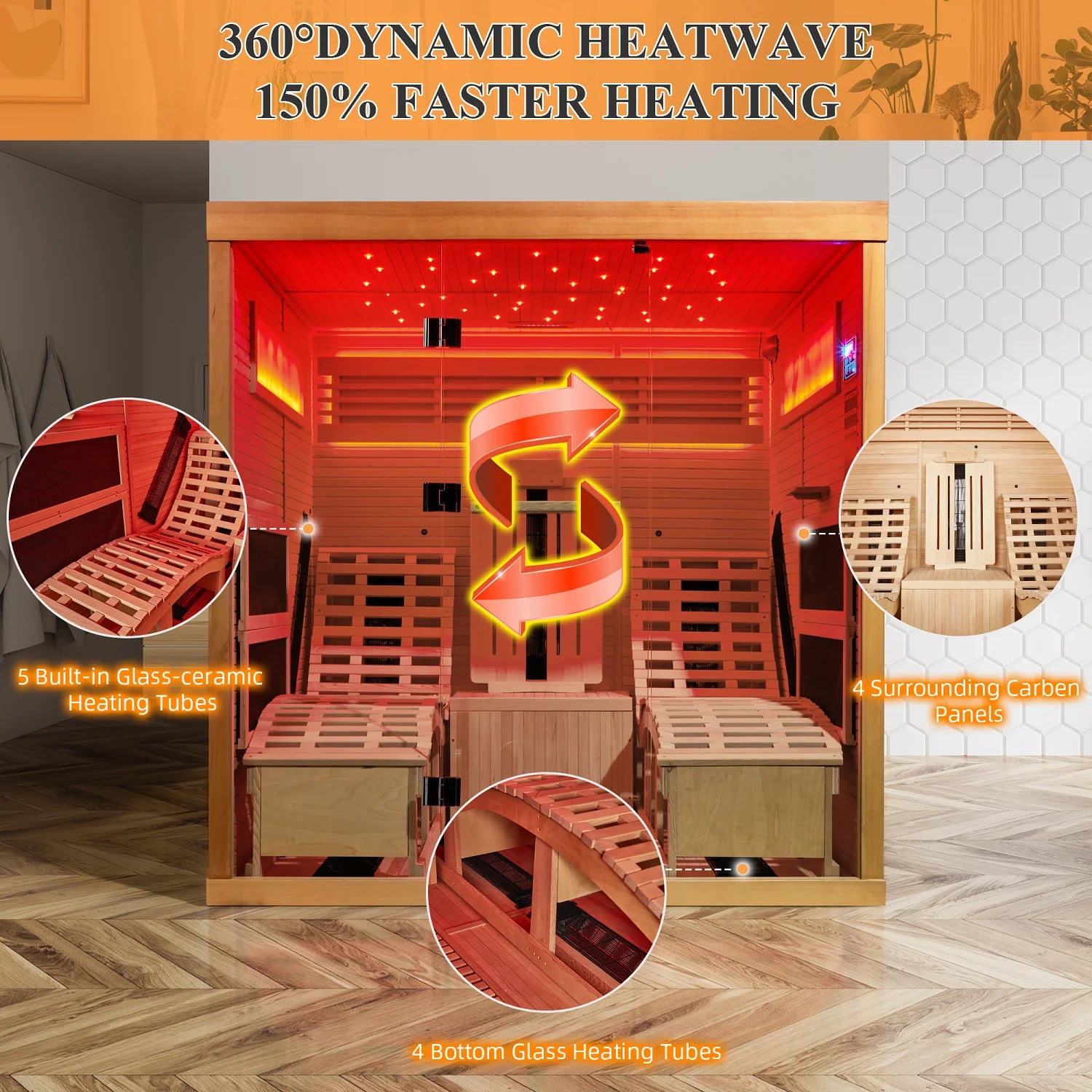 2 Person Infrared Sauna,Luxurious Indoor Sauna with Recliner, Wooden Sauna with 7-Color Starry Ceiling,9 Heating Tubes,5 Carbon Panels,2-In-1 Door Handle,Himalayan Salt Brick,Oxygen Bar
