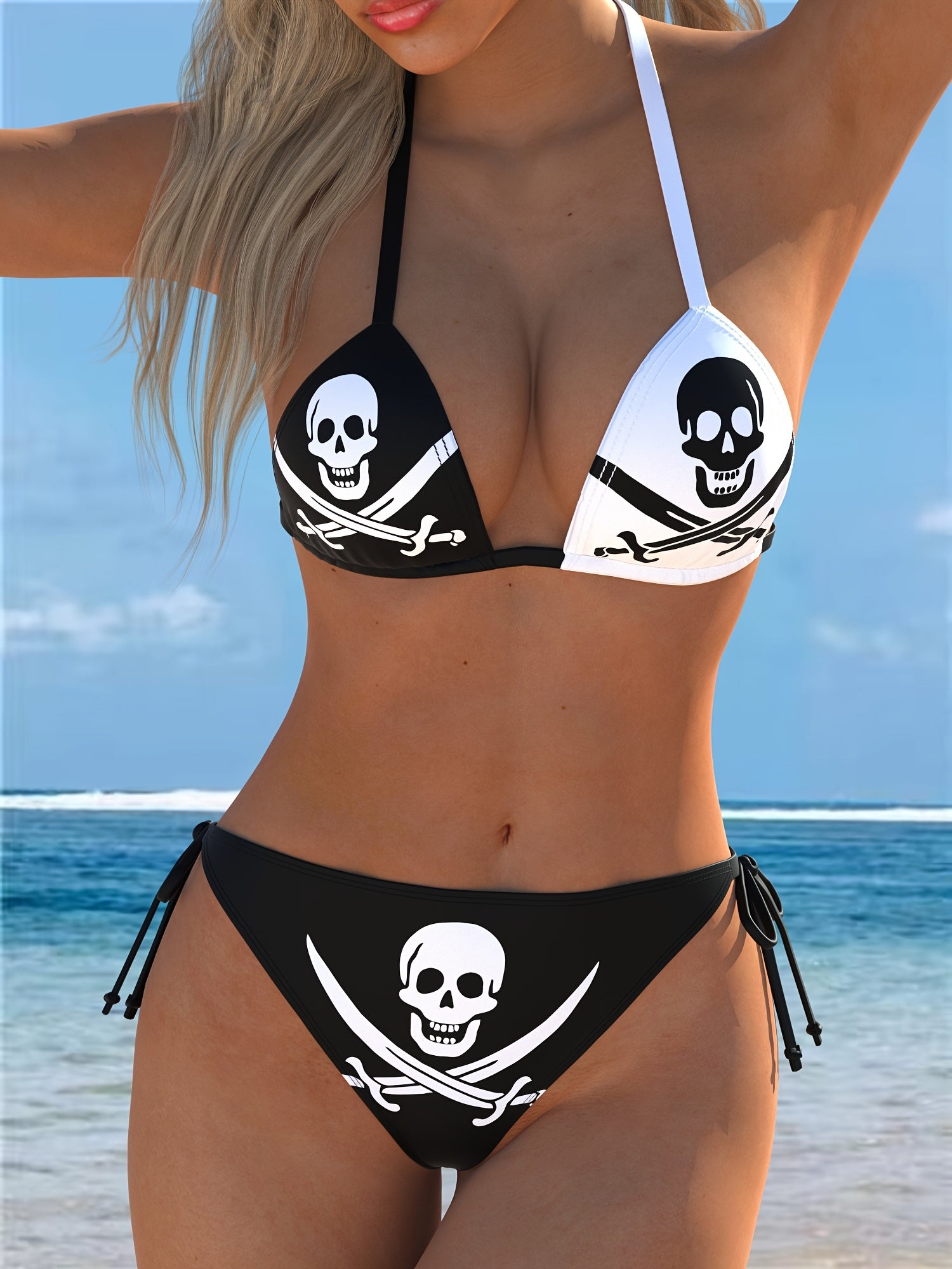 [Sexy Bikini] Sexy V-Neck Women's Bikini Set | Pirate Print Pattern, High Elasticity Fabric, Suitable for Beach and Pool