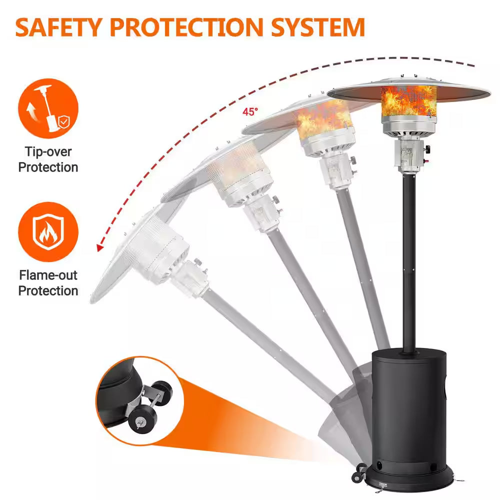 Upgraded 50,000 BTU Stainless Steel Matte Black Propane Gas Standing Patio Heater with 2-Wheels and Flame-Out Protection