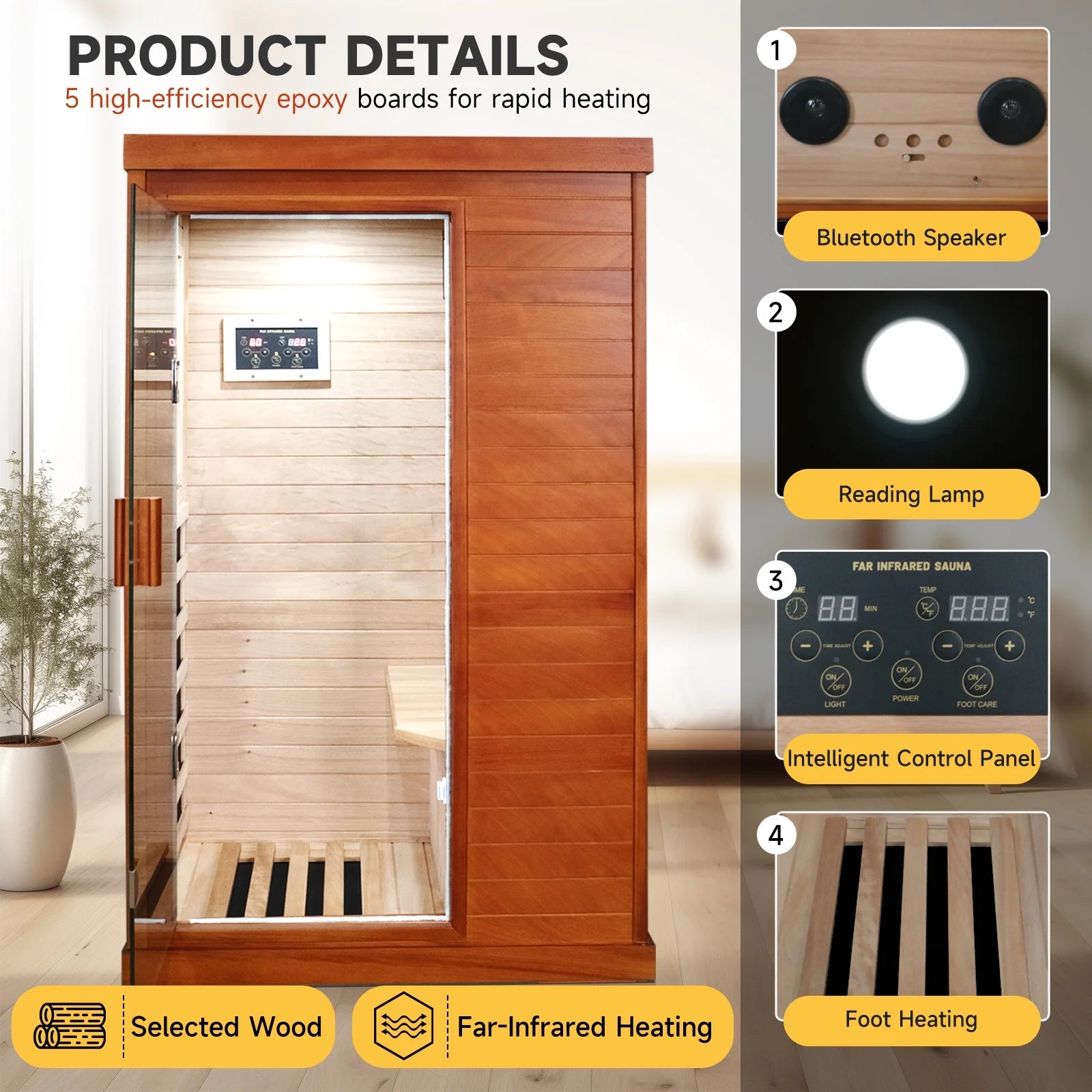 Saunas Home Sauna Indoor African Okoume Sauna 1 Person, Low EMF Far Infrared Sauna for Home, Indoor Dry Sauna Temp 68℉-140℉, 5 Low EMF Boards, Bluetooth Speaker