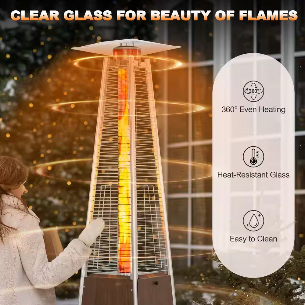 48,000 BTU Stainless Steel Wood-Grain Finish Pyramid Propane Gas Patio Heater with Wheels