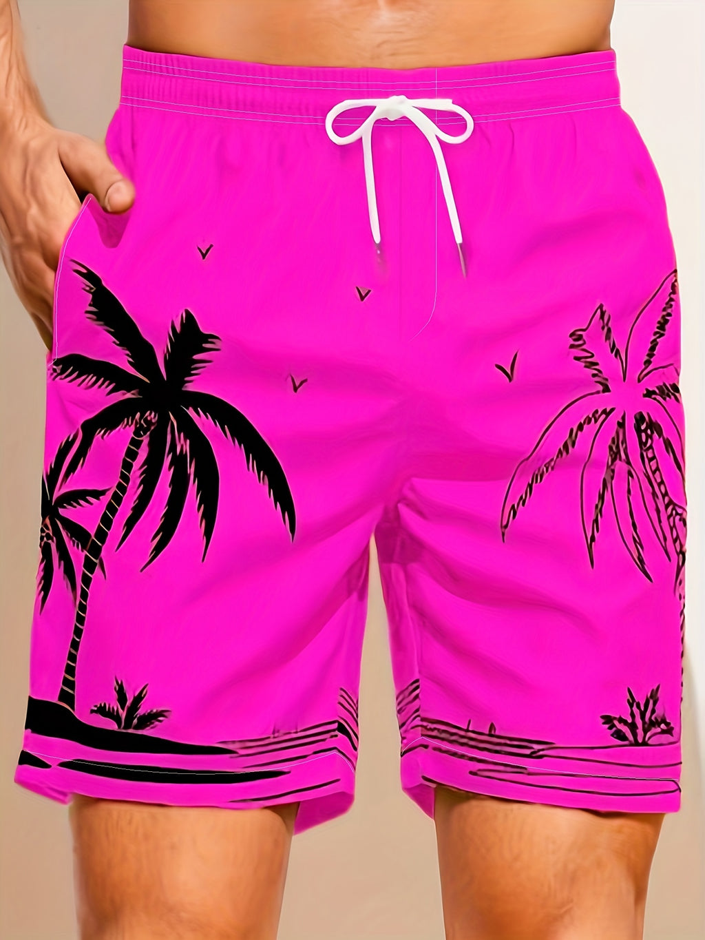 Quick Drying Mesh Lining Comfortable Breathable Palm Tree Pattern Drawstring Swim Trunks With 2 Pockets, Men's Pants Swimwear For Summer Vacation Resort Beach Pool