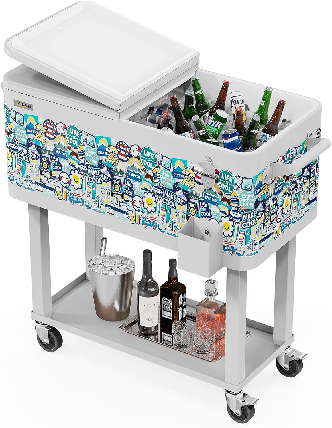 Beat the Heat with Our 80 Quart Rolling Ice Chest! Ideal for Patio Parties, Poolside Gatherings, and Outdoor Fun - Complete with Convenient Shelf & Built-in Bottle Opener!